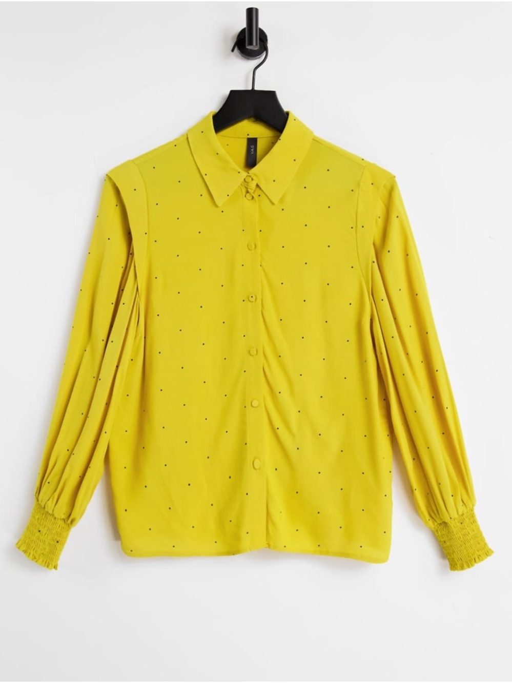 ASOS Yellow Button-Up Blouse with Tiny Black Dot Print and Shirred Cuffs